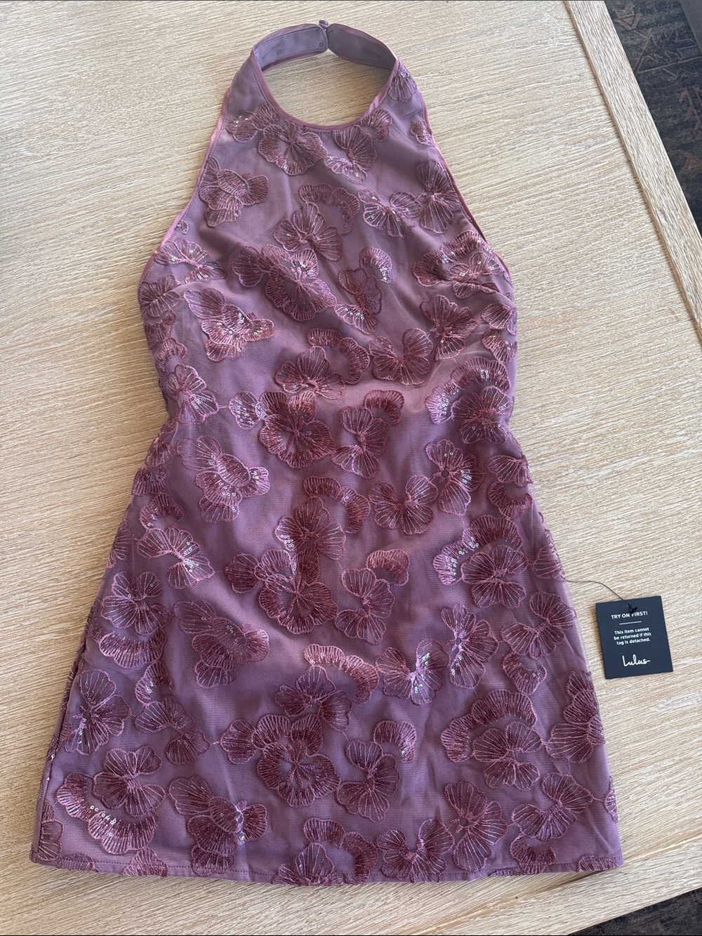 Lulu's Mauve Floral Embroidered Halter Mini Dress